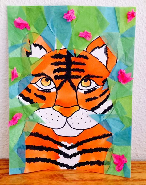 Kathy's AngelNik Designs & Art Project Ideas: Tiger in The Jungle Inspired By Henri Rousseau Jungle Theme Art Projects, Jungle Art Projects, Tiger Collage, Tiger Craft, Tiger In The Jungle, Ideas Watercolor, Watercolor Tiger, Animal Art Projects, Tiger Crafts