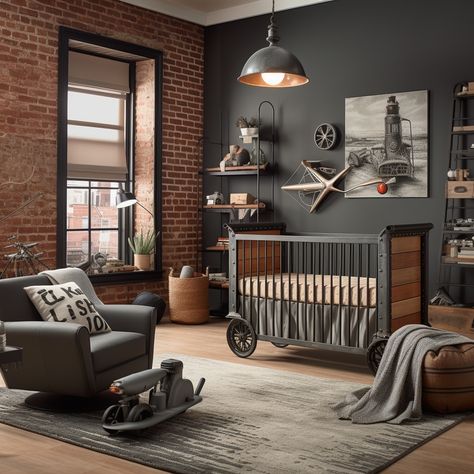 Brick Accent Wall Nursery, Brick Wall Nursery Boy, Industrial Kids Room, Industrial Nursery Ideas, Brick Wall Nursery, Mechanic Nursery Theme, Steampunk Nursery, Industrial Boys Rooms, Boys Industrial Bedroom