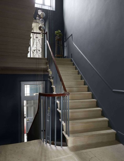 Dark Rooms Ideas, Black Painted Stairs, Entrance Hall Stairs, Black Staircase, Wood Stair Treads, Royal Crescent, Black Stairs, Blue Bedrooms, Georgian Townhouse