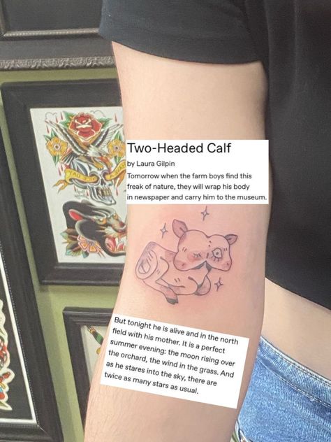 Poetry Tattoo Design, Two Headed Calf Tattoo Poem, Double Headed Cow Tattoo, Double Headed Calf Tattoo, Poetry Tattoo Ideas, Back Calf Tattoos, Two Headed Cow Tattoo, 2 Headed Calf Tattoo, Two Headed Calf Drawing