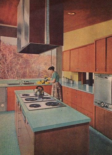 Tone of wood like ours — Kitchen Ideas 1959 8 | "Laminated plastic...The pleasant blu… | Flickr 1950s Interior Design, 1950s Interior, Modern Lodge, Mcm Kitchen, Mid Century Exterior, Vintage Architecture, Mid Century Modern Kitchen, Mid Century Modern Interiors, Mid Century Kitchen