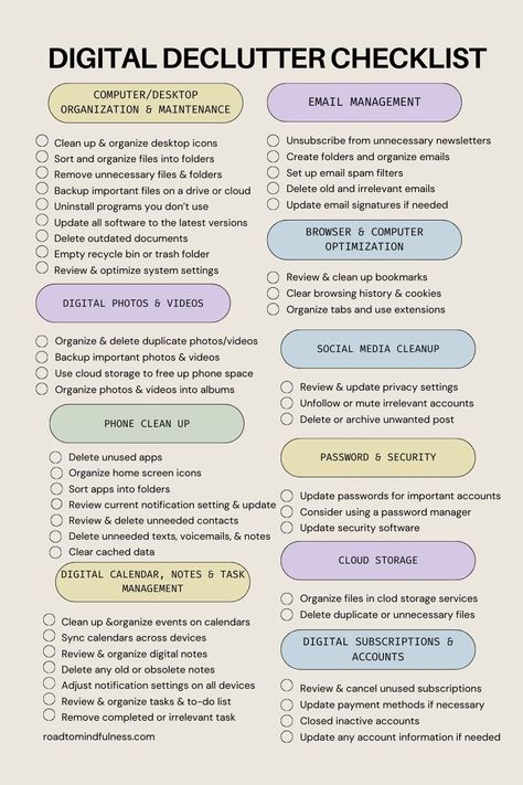 How To Do A Digital Declutter: The Ultimate Digital Decluttering Checklist Computer Declutter Checklist, How To Organize Your Computer, Declutter Your Life Checklist, Ultimate Decluttering Checklist, Decluttering Your Life, Tasks To Do, Organizing Digital Files, Organize Digital Photos, Digital Declutter Challenge