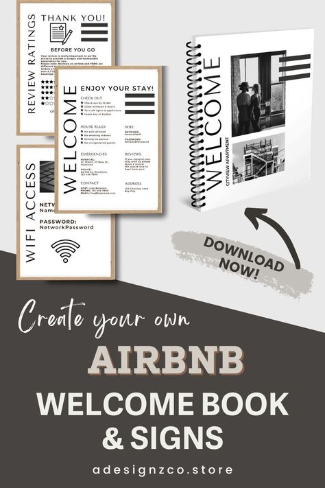 Looking to elevate your Airbnb hosting experience? Discover this versatile Airbnb Host Bundle complete with a personalized welcome book and essential sign templates! Designed in modern black and white, these Canva templates make printing at home a breeze - perfect for city Airbnbs and contemporary apartments. Provide your guests with a more memorable stay today! Airbnb Hosting, Signs Business, Airbnb Welcome Book Template, Airbnb Welcome Book, Hosting Tips, Digital Business Card, Airbnb Host, House Rules, Guest Book Sign