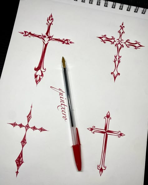 Left Wrist Tattoo, Cross With Thorn Crown Tattoo, Unique Red Tattoos, Unique Cross Tattoos For Women Design, Crusafix Tattoo, Spine Tattoos For Women Cross, Cross Swords Tattoo Design, Ornamental Cross Tattoo, Chrome Cross Tattoo