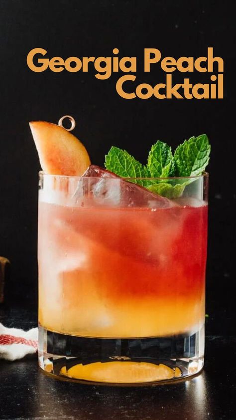 The Georgia Peach Cocktail is an authentic taste of the South, combining the natural sweetness of ripe peaches with the smoothness of bourbon. This delightful concoction is a celebration of flavors, balancing the richness of bourbon with the vibrant and juicy notes of fresh peaches. #GeorgiaPeachCocktail Whiskey And Peach Cocktail, Peach And Bourbon Cocktail, Georgia Peach Cocktail, Peach Rum Cocktail, Fresh Peach Cocktail, Peach Cobbler Old Fashioned Cocktail, Peach Whisky Cocktails, Fresh Peach Drinks Alcohol, Peach Smash Cocktail