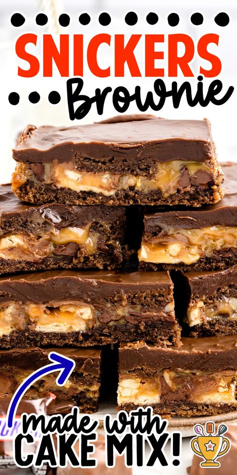 These easy Snickers brownies blend rich chocolate, gooey caramel, and crunchy peanuts for a delicious treat perfect for any occasion! Snickers Brownies, Snickers Dessert, Peanut Brownies, Desserts Brownies, Brownies Caramel, Snicker Brownies, German Chocolate Cake Mix, Cake Mix Desserts, Gooey Caramel