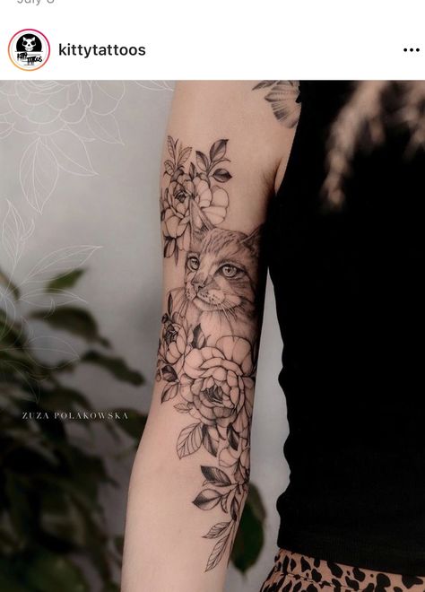 Cat Sleeve Tattoos For Women, Cat Tattoo Sleeve Women, Moon And Dog Tattoo, Cat Tattoo Forearm, Forearm Cat Tattoo, Floral Memorial Tattoo, Cat Sleeve Tattoo, Cat Tattoo Sleeve, Floral Cat Tattoo