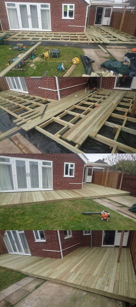 Big L shaped decking built around bungalow. L Shape Decking Ideas, L Shaped Deck Ideas Layout, L Shape Deck, L Shaped Deck Ideas, L Shape Backyard Design Layout, L Shaped Backyard Ideas Layout, L Shaped Deck, L Shaped Porch, L Shaped Patio