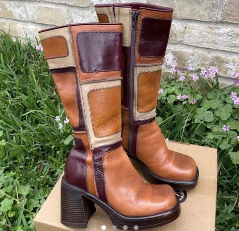 user: 808migs Steve Madden Patchwork Boots, Vintage Steve Madden Boots, Patchwork Boots Outfit, 70s Boots Outfit, Long Brown Boots, 70s Boots, 90s Boots, Mens Platform Shoes, Patchwork Boots