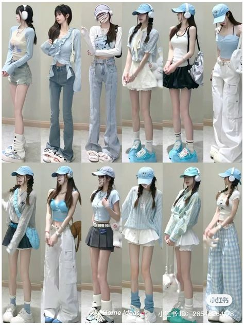 K Pop Casual Outfits, Blue Acubi Outfit, Korean Blue Outfit, Korean Outfits Spring, Blue Outfit Korean, Light Blue Outfit Aesthetic, Blue Outfits Aesthetic, Blue Coquette Outfit, Light Blue Outfit Ideas