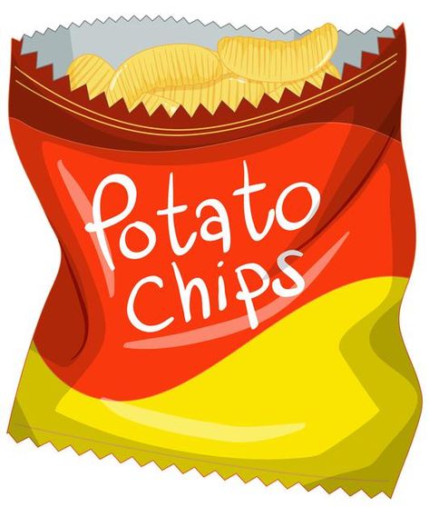 Potato Chips Drawing, Bag Of Chips Drawing, Chips Doodle, Unhealthy Food Drawing, Food Cartoon Drawing, Potato Illustrations, Chips Images, Snack Drawing, Chips Cartoon