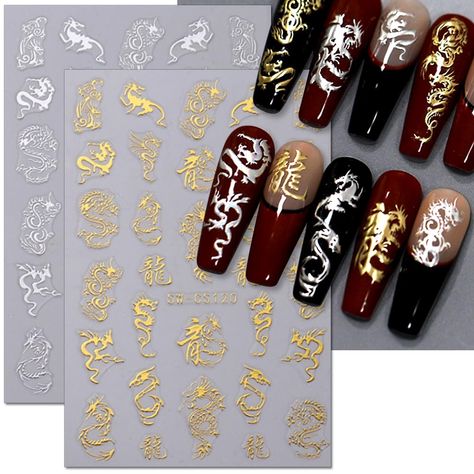 PRICES MAY VARY. 【Dragon Nail Stickers for Nail Art】You will get 4 sheets of metallic dragon nail art stickers, including 2 sheets of gold dragon nail stickers and 2 sheets of silver dragon nail decals, which will make your nails look cool and stylish. 【Chinese Dragon Nail Art Stickers】The Chinese zodiac year "The Year of the Dragon" is just around the corner, and decorating your nails with dragon-related accessories is definitely the right choice for dragon year. 【Gold Silver Dragon Nail Decals Phoenix Animal, Professional Nail Designs, Metallic Dragon, Stickers Mirror, Dragon Nails, Character Letters, Gold Dragon, Nail Sticker, Silver Dragon