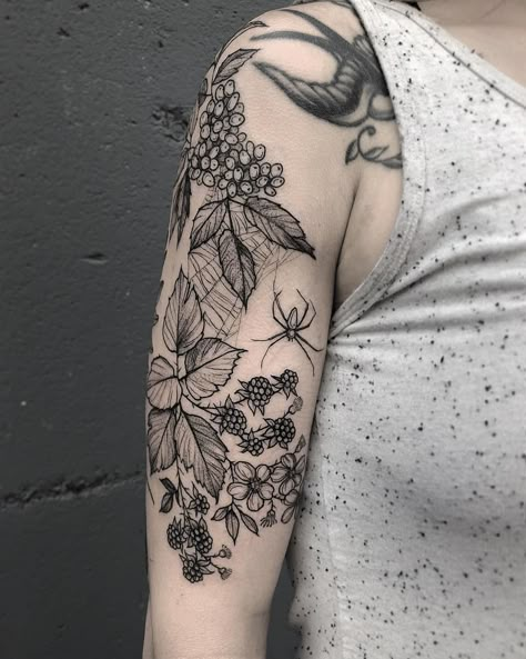 Scapegoat Tattoo, Blackberry Tattoo, Nature Tattoo Sleeve, Fern Tattoo, Oregon Grape, M Tattoos, Theme Tattoo, Vine Tattoos, Floral Tattoo Sleeve