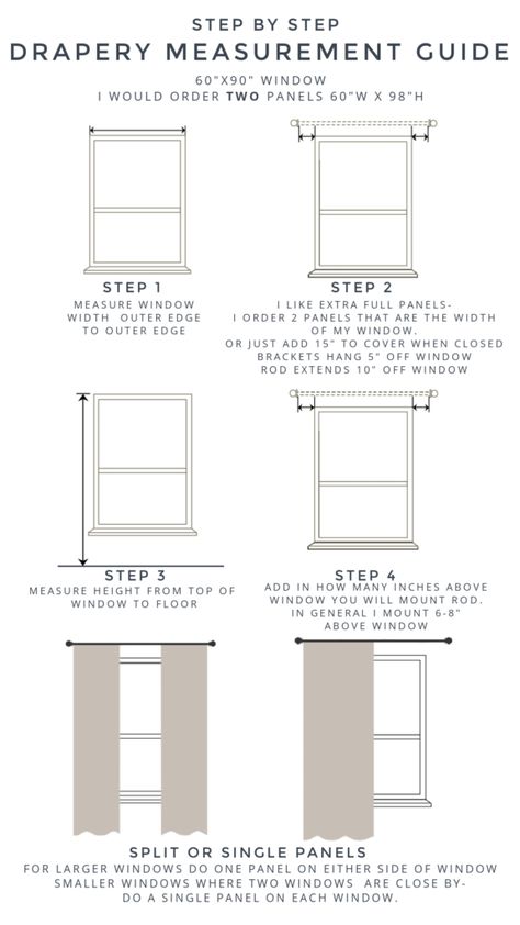 Custom Curtains in Family and Bedroom with Curtain Panel Measurement Guide - Nesting With Grace Curtain Sizing Guide, 1 Curtain Panel On Window, Curtain Size Guide, One Panel Curtain Ideas, Walmart Kids, Long Curtain Rods, Blackout Curtains Bedroom, Ceiling Curtains, Interior Design Help