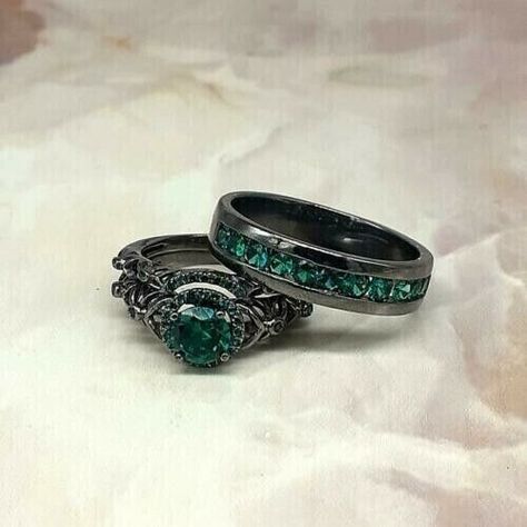 ad eBay - Find many great new & used options and get the best deals for 1.86Ct Simulated Emerald 14K Black Gold Plated Engagement Trio Ring Set 3Pcs at the best online prices at eBay! Free shipping for many products! Green Wedding Rings, Green Engagement Rings, Trio Ring Set, Gothic Engagement Ring, Trio Ring, Emerald Wedding Rings, Cute Engagement Rings, Emerald Wedding, Magical Jewelry