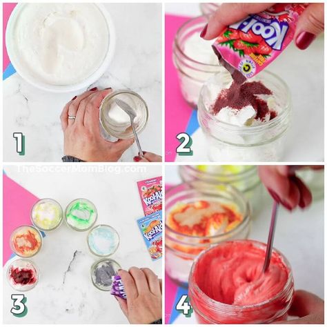 Cool Whip Painting, Shaving Cream Food Coloring Art, Edible Paint Recipe, Coloring Eggs With Cool Whip, Kool Aid Play Dough Recipe, Homemade Finger Paint, Simple Art Activity, Color Wheel Projects, Door Decorations Classroom Christmas