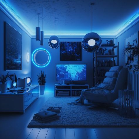 A blue LED lighted room can add both style and tranquility to your home decor. By choosing the right shade of blue, incorporating blue LED lights, mixing and matching blue decor elements, adding natural elements, and considering a blue accent wall, you can create a stunning and soothing space that you feel welcomed in. Blue Room Led Lights, Blue Led Bedroom, Led Light Setup, Blue Ambient Lighting, Gaming Room Blue Aesthetic, Blue Light Bedroom, Dark Blue Gaming Room, Neon Blue Bedroom Aesthetic, Blue Neon Bedroom