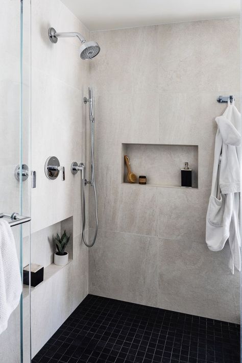 Minimalist Shower Niche Horizontal Shower Niche Ideas, Low Shower Niche, Kerdi Shower Niche, Double Shower Niche Ideas, Shower Niche For Leg Shaving, Shower Niche Sizes, Minimalist Shower Tile Ideas, Shower Niches Ideas Built Ins, Shampoo Niches In Showers