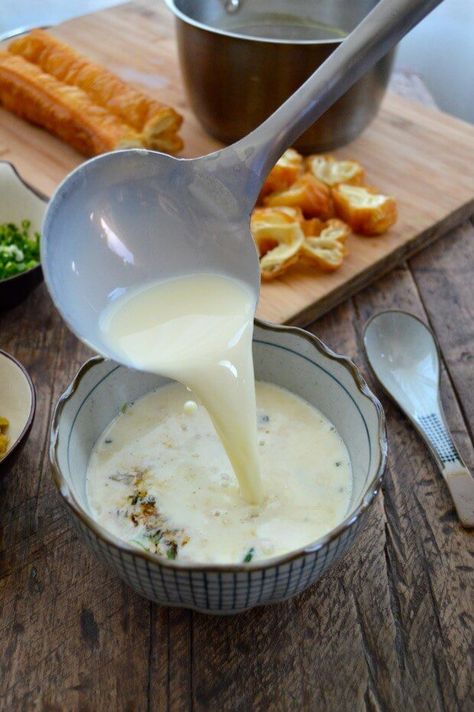 Savory Soy Milk Soup w/ Fried Dough (Dou Jiang), by thewoksoflife.com Soy Milk Recipes, Chinese Breakfast, Milk Soup, Woks Of Life, The Woks Of Life, Brunch Items, Creative Cooking, Fried Dough, Vegan Soups