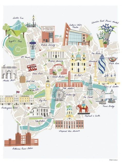 Building Animation, Central London Map, Bt Tower, London England Photography, Map Of London, Illustrated Maps, Elephant And Castle, Columbia Road, Map Illustration