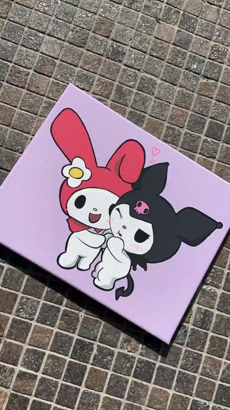 Small Cute Drawings Easy Cartoon, Aesthetic Things To Draw On A Canvas, Painting Ideas On Canvas Sanrio, Kuromi Painting Canvas, Carebear Painting Canvas, Painting Ideas On Canvas Hello Kitty, Hello Kitty Art Painting, Kirby Painting Canvas, Kawaii Canvas Painting