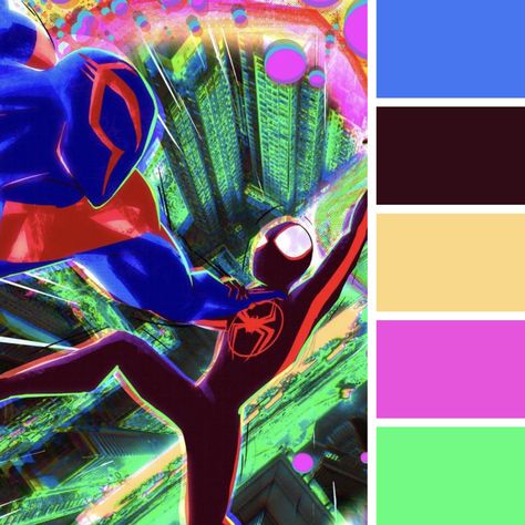 SPIDERMAN NEW UNIVERSE COLOR PALETTE Spiderman Across The Spider Verse Color Palette, Spider Verse Color Palette, Comic Book Color Palette, Spiderverse Color Palette, Spiderman Color Palette, Spiderman New Universe, Universe Color Palette, Across The Spider Verse, Color Pallete