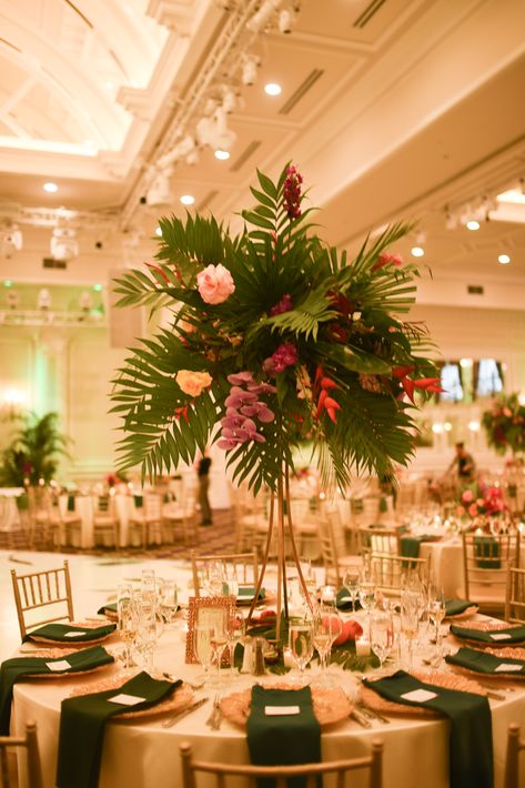 Tropical Theme Centerpieces, Tall Tropical Centerpiece, Tropical Art Deco Wedding, Tropical Quinceanera Theme, Leaves Centerpiece, Indian Wedding Centerpieces, Orchid Centerpieces Wedding, Wedding Centerpeices, Mauritius Wedding