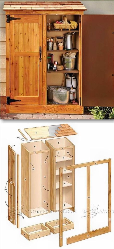 A Wooden Storage Cabinet with Shelves Storage Cabinet With Shelves, Small Shed Plans, Yard Storage, Storage Shed Organization, Diy Storage Shed, Wood Shed Plans, Cabinet With Shelves, Cabinet Plans, Small Sheds