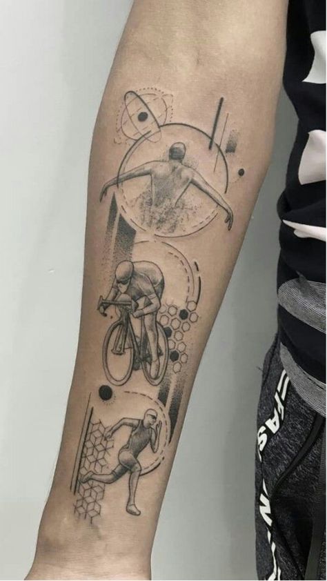 Tattoo Ideas For Runners, Runner Tattoo Men, Sports Tattoos For Men Ideas, Running Tattoo Ideas For Men, Running Tattoo Ideas, Ironman Triathlon Tattoo, Tattoo Bike, Ironman Tattoo, Triathlon Tattoo