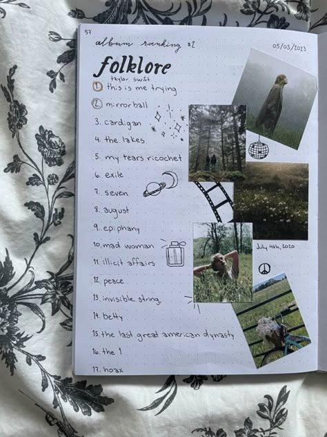 journaling folklore taylor swift album ranking songs bullet journal aesthetic collage scrapbook music doodle sprin summer Album Ranking Journal, Folklore Taylor Aesthetic, Folklore Doodles Taylor Swift, Eras Tour Surprise Songs Tracker, Taylor Swift Songs Ranked, Folklore Journal Page, Taylor Swift Album Ranking, Folklore Doodles, Song Diary Aesthetic