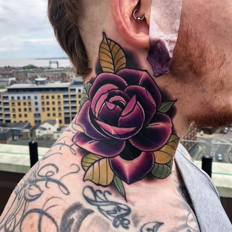 Purple Rose Tattoo, Rose Neck Tattoo, Flower Neck Tattoo, Purple Rose Tattoos, Best Neck Tattoos, Purple Tattoos, Side Neck Tattoo, Traditional Tattoo Flowers, Rose Hand Tattoo