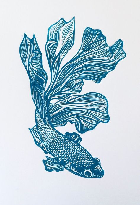 Beta Fish Illustration, Beta Tattoos, Beta Fish Tattoos, Linocut Prints Ideas, Fish Lino Print, Fish Printmaking, Linolium Printing, Linocut Art Ideas, Linocut Tattoo