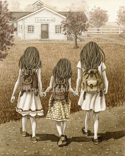 3 Sisters Walking to School Together Adorable!!!Do you want more Sisters Posts? Then just Re-Pin and Heart this pic! Walking To School, Sisters Drawing, Walk To School, Sisters Art, Creation Photo, Three Girls, 3 Sisters, Sisters Forever, Rain Rain