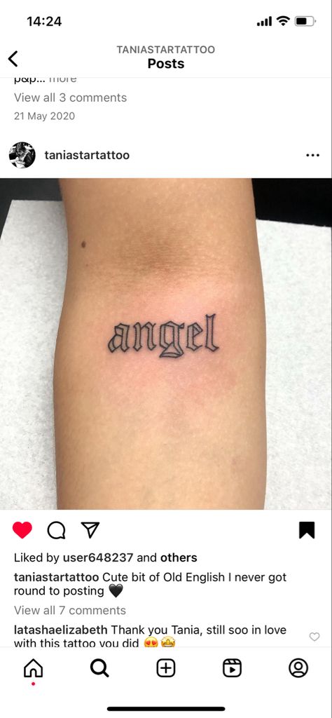 Angel Old English Tattoo, Angel Tattoo Red Ink, Angel Script Tattoo, Angel Energy Tattoo Cursive, Word Angel Tattoo Fonts, Old English Font Tattoo, Godspeed Tattoo, Old English Tattoo, English Fonts