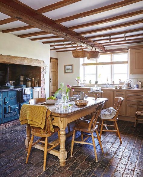 Stone Kitchen Floor, Aga Kitchen, Old Farmhouse Kitchen, Brick Floor, English Farmhouse, Period Living, Spring Kitchen, Period Property, Stone Kitchen