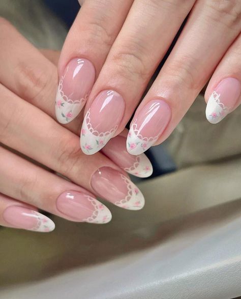 -Message me if you are unsure about the size/length. -We DO NOT accept cancelation for sizing/length problems. -If you're unsure about your measurements, go up on the size because you can always file them down afterward. What is included  #pink #french #tip #nails Flower Y2k Nails, Round Prom Nails, Design Press On Nails, Lace French Nails, Cute Nails No Charms, Lace Tip Nails, Pink And White Floral Nails, Short Almond Flower Nails, Rose French Tip Nails