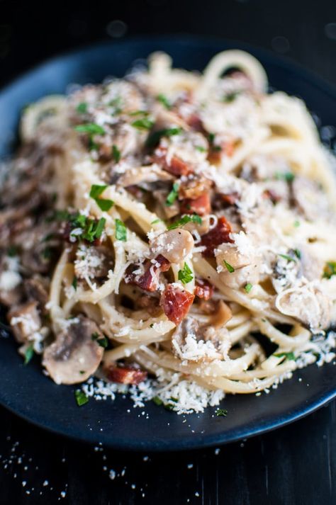 Pasta with Pancetta, Mushrooms, and Garlic • Salt & Lavender Mushroom Pancetta Pasta, Panchetta Recipes, Pasta With Pancetta, Chef Girl, Pasta Bacon, Pancetta Recipes, Weeknight Pasta, Salt Lavender, Pancetta Pasta