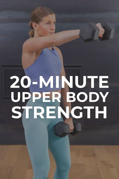 Build strong, defined arm and back muscles with this all-standing sweat session: the best upper body dumbbell workout. This no-repeat and all-standing workout is a fun and challenging way to build strength in every muscle in the upper body. All you need is a set of dumbbells and 20 minutes to target the chest, back, biceps, triceps and shoulders. Standing Up Ab Workout, Exercise Hiit, Upper Body Dumbbell, Upper Body Workout Gym, Upper Body Strength Workout, Upper Body Dumbbell Workout, Full Upper Body Workout, Tuesday Workout, Standing Workout