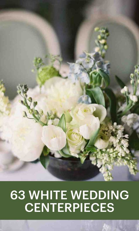 63 White Wedding Centerpieces | Martha Stewart Weddings - Just as there are many flowers that come in the classic color, so are there many ways to arrange them. Which is why the white wedding centerpiece will never go out of style. Put your own twist on the wedding staple for it to feel fresh and modern. For inspiration, turn to these ideas that we adore from real celebrations. All White Centerpieces Simple, White Wedding Centerpieces With Greenery, Small White Centerpieces Simple, Bridal Shower White Flower Arrangements, White Wedding Centerpieces Round Table, Fresh Flower Wedding Centerpieces, White And Greenery Wedding Centerpieces Round Table, Faux Wedding Flowers Centerpieces, Wedding Reception Flowers Centerpieces Round Table