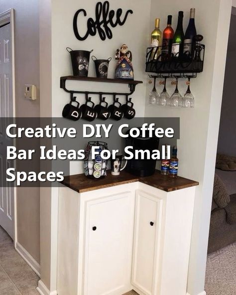 Looking for creative DIY coffee bar ideas for small spaces? Check out these innovative and space-saving solutions to create your own cozy coffee corner at home. Whether you have a tiny kitchen or a compact apartment, these clever ideas will help you design the perfect coffee bar without taking up too much space. Get inspired and start brewing your favorite coffee drinks in style! Diy Coffee Nook Small Spaces, Coffee Nook Corner, Corner Cabinet Coffee Bar Ideas, Corner Shelf Coffee Bar, Narrow Coffee Bar Ideas, Diy Coffee Corner, Small Corner Coffee Bar, Wine Bar Ideas Small Spaces, Wine Nook Ideas Small Spaces