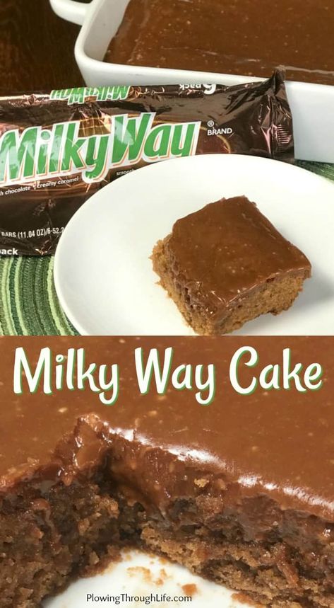 Collage of Milky Way Cake is the ultimate dessert for people who LOVE Milky Way candy bars and cake! January Desserts, Milky Way Dessert, 3 Muskateers, Milky Way Candy, Milky Way Cake, Melted Candy, Chocolate And Caramel, Homemade Cake, Cake Icing