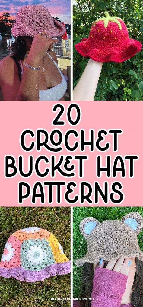 Looking for a fun and stylish DIY project? Try these easy crochet bucket hat patterns! Perfect for beginners and experienced crocheters alike. You'll find a strawberry hat, bear hat, cowgirl hat, granny square hat, and more! Bucket Hat Patterns, Easy Crochet Bucket Hat, Bucket Hat Pattern Free, Crochet Bucket Hat Pattern, Crochet Baby Cocoon Pattern, Cotton Crochet Patterns, Crochet Hat Patterns, Crochet Mens Hat, Crochet Animal Hats