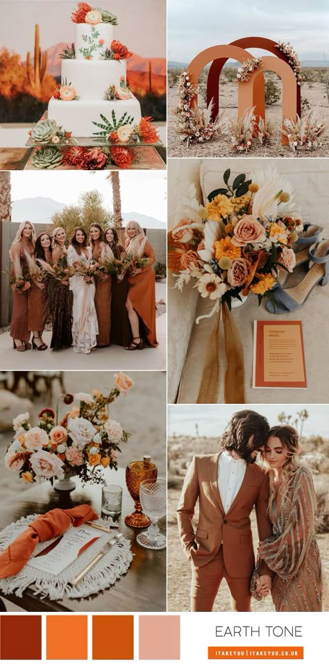 Wedding Colors Earth Tones, Itakeyou Wedding, Earth Tone Dresses, Orange And Brown Wedding, Terracotta Palette, Brown Wedding Themes, Spring Wedding Outfit, Orange Wedding Themes, Wedding Theme Color Schemes