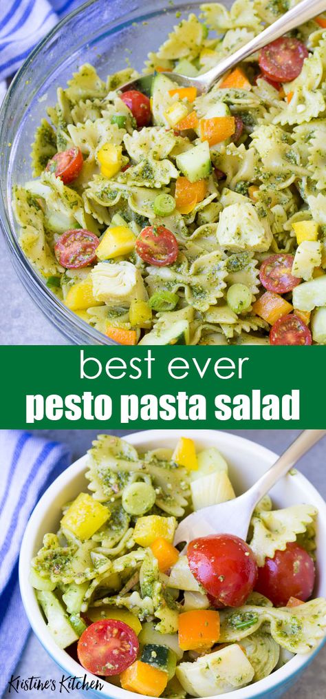 This easy Pesto Pasta Salad Recipe is filled with healthy vegetables and a creamy pesto sauce! This colorful pesto pasta salad is one of our favorite recipes for a summer potluck or BBQ! Better than classic pasta salad, you'll want to eat this cold pasta salad all summer long! #pastasalad #sidedish #pesto Cold Pesto Pasta Salad, Pesto Salad Recipes, Easy Pesto Pasta, Creamy Pesto Sauce, Classic Pasta Salad, Sauce Pesto, Pesto Salad, Summer Potluck, Pasta Pesto