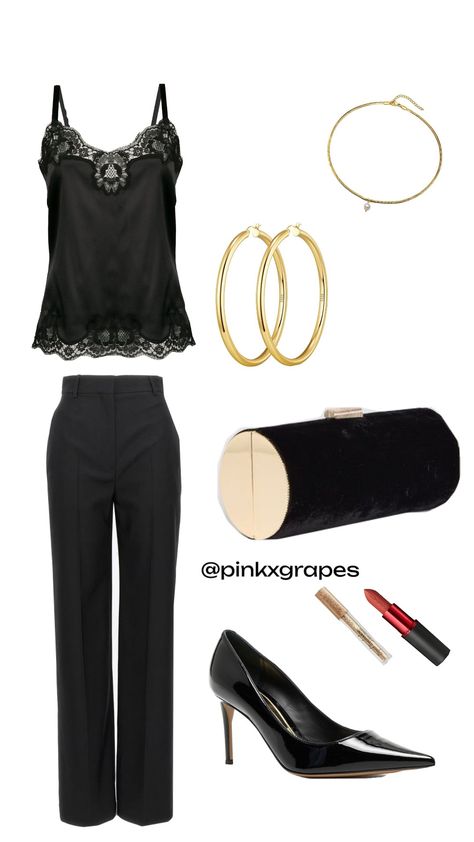 This image shows a stylish outfit for a night out. It features a black satin camisole with lace trim, high-waisted black trousers, gold hoop earrings, a delicate gold choker, a black velvet clutch, and pointed-toe heels. Satin Top Outfit Classy, Satin Top Outfit, Red Matte Lipstick, Black Clutch Bag, Black Pants Outfit, Black Clutch Bags, Satin Camisole, Heels Gold, Gold Eyeshadow