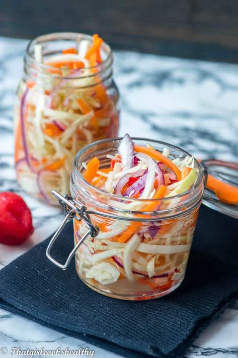 Haitian pikliz - That Girl Cooks Healthy Pikliz Recipe, Haitian Pikliz, Vinegar Pickles, Easy Refrigerator Pickles, Spicy Slaw, Refrigerator Pickle Recipes, Pickled Shallots, Haitian Food, Meat Meals