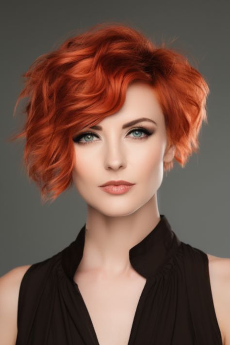 Get ready to turn up the heat on your style with the bixie cut featuring fiery copper waves. The wavy texture adds some volume while the vibrant copper shade makes a bold statement. Click here to check out more trending bixie haircut ideas for 2023. Copper Red Hair Color Short Wavy Bobs, "bixie" Haircut Wavy, Roux Auburn, Bixie Haircut, Red Bob Hair, Red Hair With Bangs, Red Hair Trends, Red Copper Hair Color, Copper Red Hair