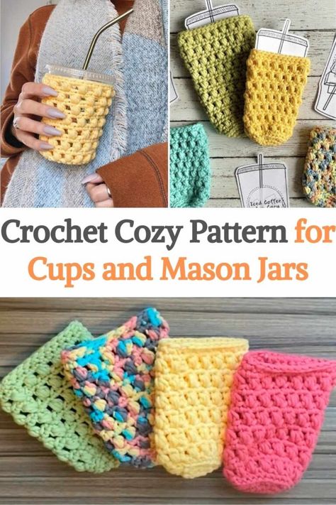 Learn how to crochet a cozy reusable (and machine washable) iced coffee to keep your drinks cold and your hands warm! This pattern fits in a standard 16 to 24 ounce iced coffee cup (like Dunkin' Donuts or Starbucks) and fits in mason jars too! For this crochet pattern, you will need the Bernat Maker Home Dec yarn, a 5.5 mm hook, a pair of scissors, and finally a small tapestry hook. This pattern is suitable for beginners! You should know that these stitches/abbreviations are used throughout... Crochet Mason Jar Sleeve, Crochet Drink Coozie, Home Dec Yarn Patterns, Bernat Maker Home Dec Yarn, Crochet Cold Cup Cozy, Cold Cup Cozy Crochet Pattern, Crochet Iced Coffee Cozy Pattern Free, Cozy Cup Crochet Pattern, Mason Jar Cozies Crochet