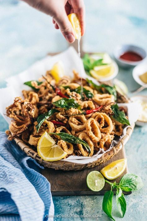 Discover the secrets of cooking crunchy, crispy restaurant-style Salt and Pepper Squid in your own kitchen! {Gluten-Free Adaptable} Chinese Seafood, Salt And Pepper Squid, Squid Recipes, Calamari Recipes, Catfish Recipes, Diy Easy Recipes, Mapo Tofu, Basil Recipes, Seafood Appetizers