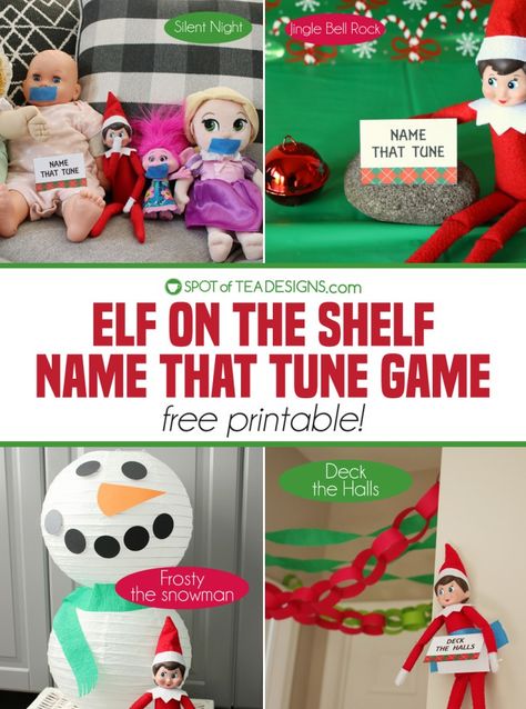 Elf on the Shelf Name That Tune Game - Spot of Tea Designs Elf On The Shelf Game Night, Elf On The Shelf Game Ideas, Name That Tune Game, The Christmas Carol, Elf Idea, Crepe Streamers, White Paper Lanterns, Name That Tune, Christmas Child